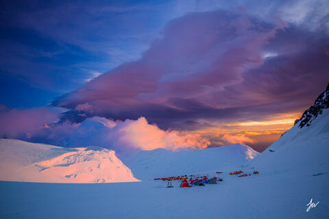 Sunset on Denali at 11,000 camp in Alaska.