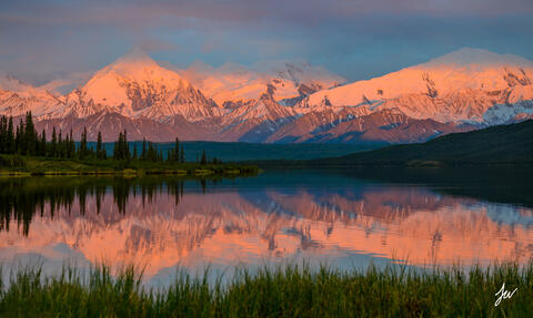 Alpine lake sunset in Denali National Park in Alaska, 