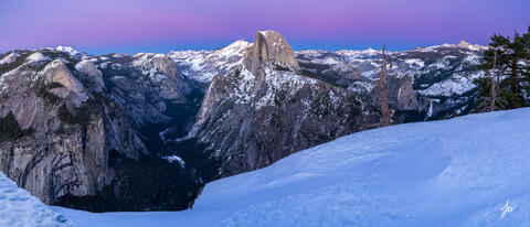 Dusk over Yosemite from Glacier Point in winter.