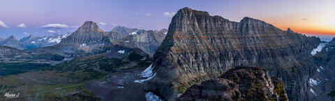 Panorama taken at dusk near Logan Pass in Glacier National Park, Montana.