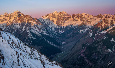 Maroon Bells sunrise from Aspen Highlands ski resort.
