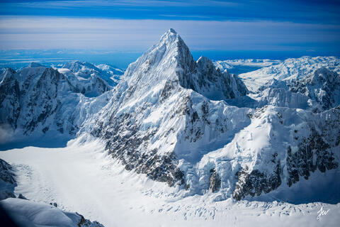 Mount Huntington aerial photo in the Alaska Range.