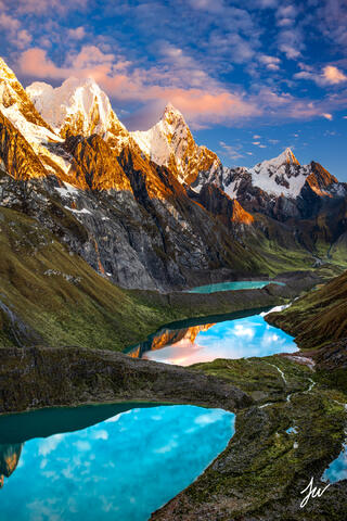 Three lakes sunrise in Cordillera Huayhuash in Peru. 