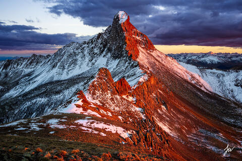 Sunset light on Wetterhorn Peak in the San Juan Mountains of Colorado.