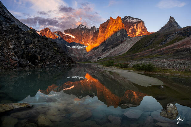 Arrigetch Peaks sunrise reflection in Gates of the Arctic National Park, Alaska.