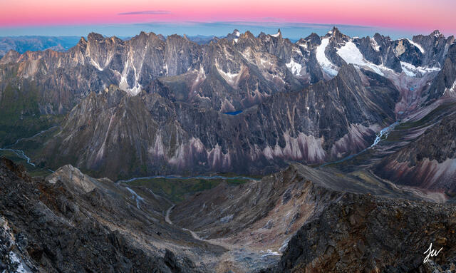 Sunset over the Arrigetch Peaks in Gates of the Arctic National Park in Alaska.