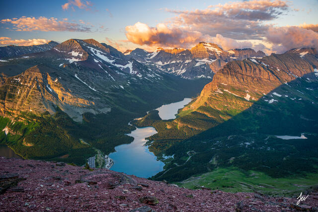Sunrise light over Many Glacier valley in Glacier National Park.