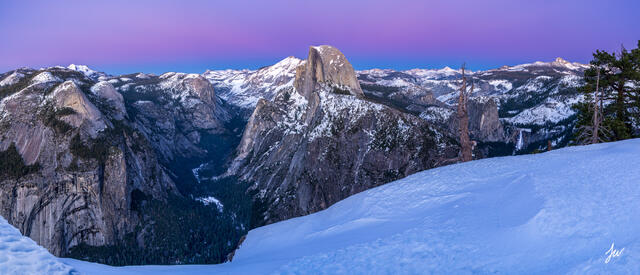 Dusk over Yosemite from Glacier Point in winter.