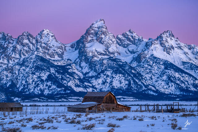 Winter sunrise at Moulton Barn in Grand Teton National Park. 