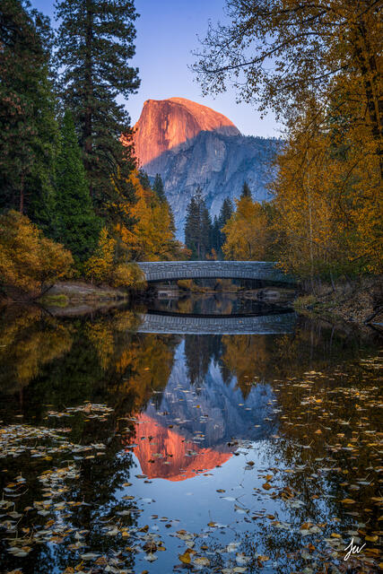 Half Dome viewed from Sentinel Bridge in Yosemite National Park, framed by autumn colors along the Merced River.