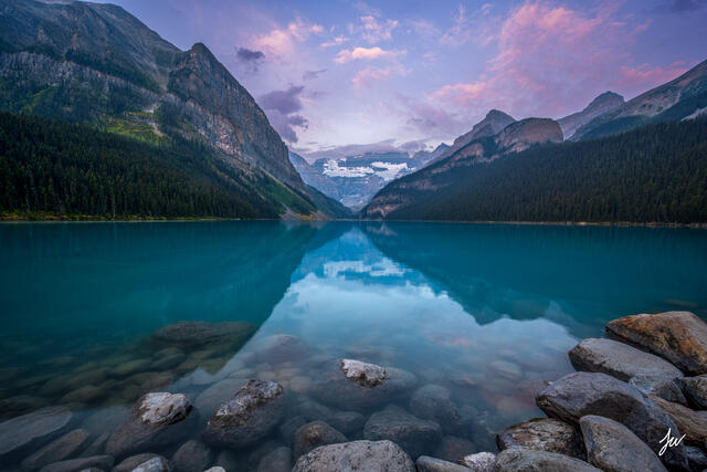 Sunrise at Lake Louise in Banff National Park, Canada.