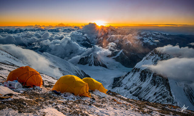 Sunset from mount Everest camp three in Tibet. The highest camp on Earth.
