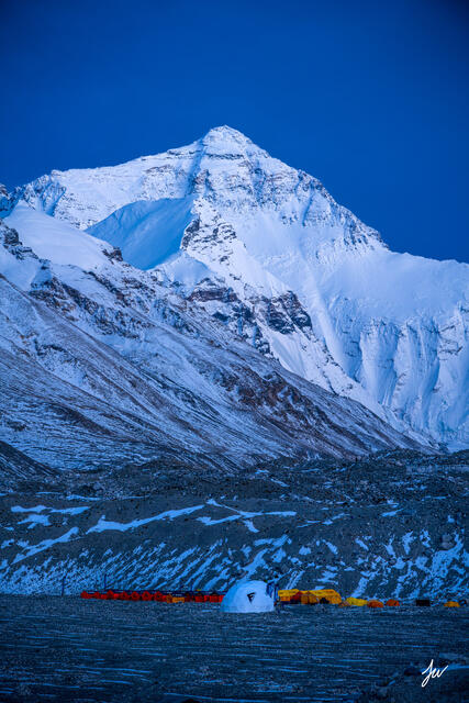 Mount Everest viewed at base camp in Tibet.