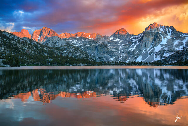Sunset at an alpine lake in the Sierra Nevada in California.