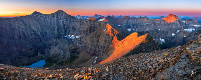 Sunrise from a mountain top over Glacier National Park, Montana.