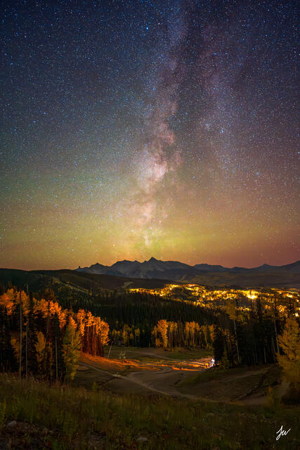 Milky Way galaxy arching over the mountains above Telluride, Colorado on a clear night.