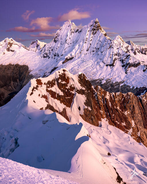 Sunrise on Chacraraju in the Cordillera Blanca in Peru.