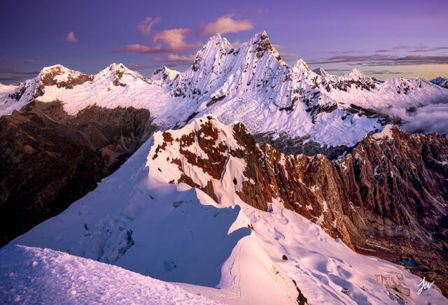 Sunrise on Chacraraju high up in the Andes.