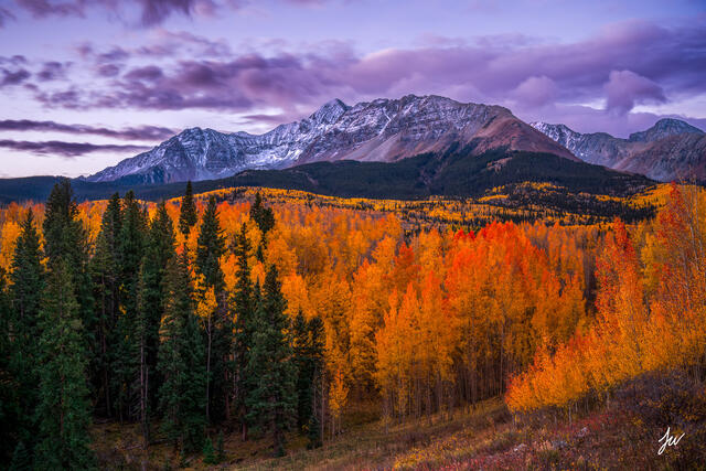 Wilson Wilson Peak at sunrise above fall foliage near Telluride in the San Juan Mountains.