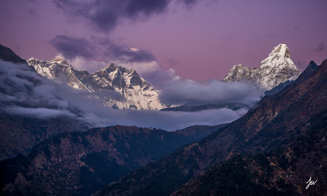 Mount Everest and Ama Dablam Sunset in Nepal.
