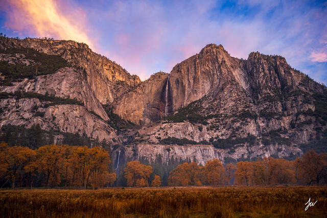 Yosemite Falls sunrise in autumn in Yosemite National Park.