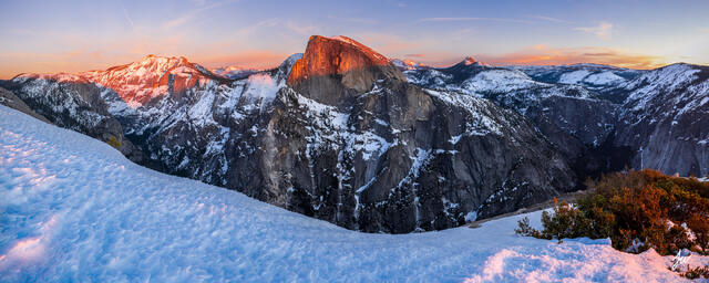 Sunset from North Dome in Yosemite Park in winter.