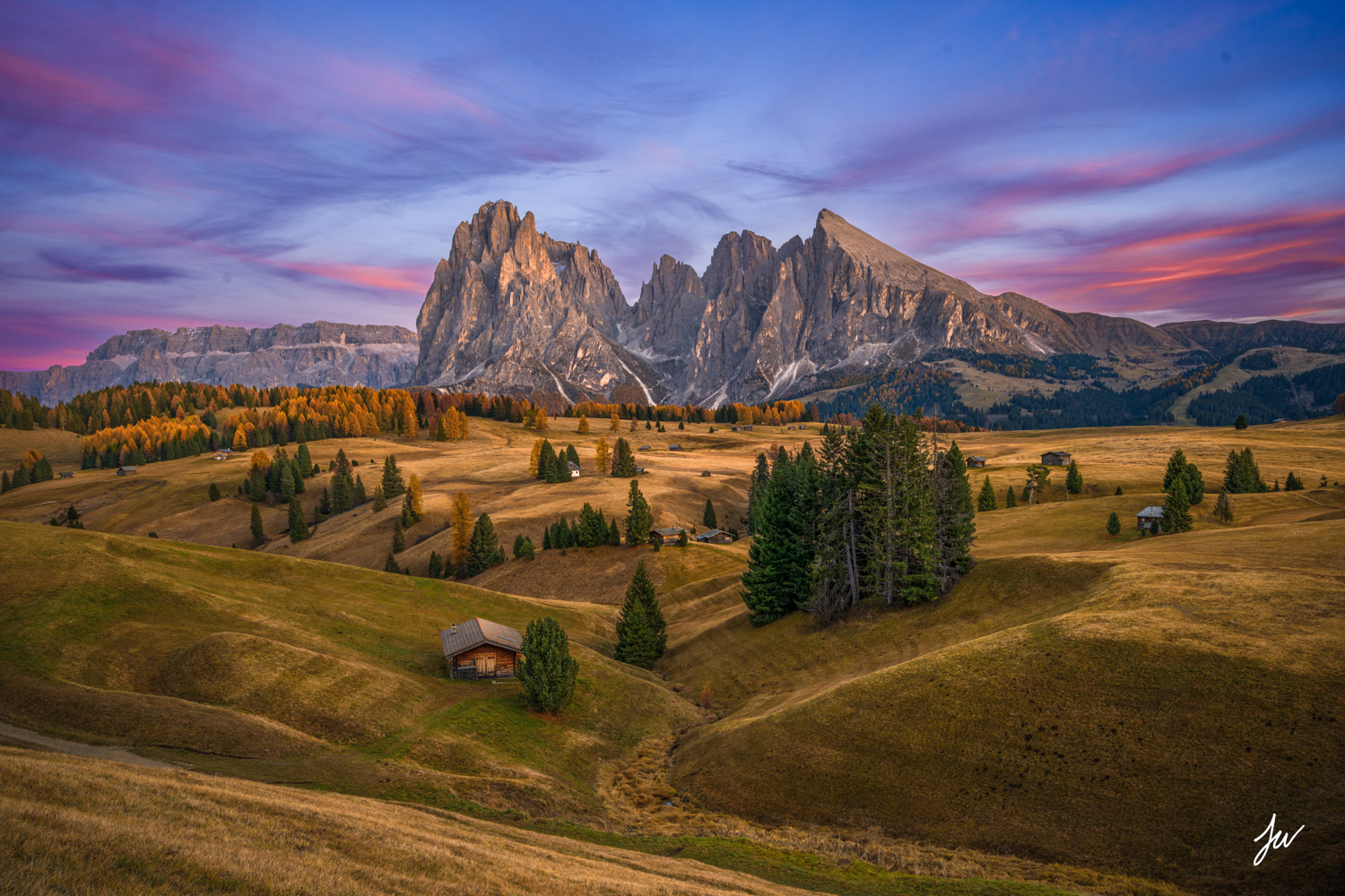 Alpe Di Siusi sunset in the Dolomites, Italy.