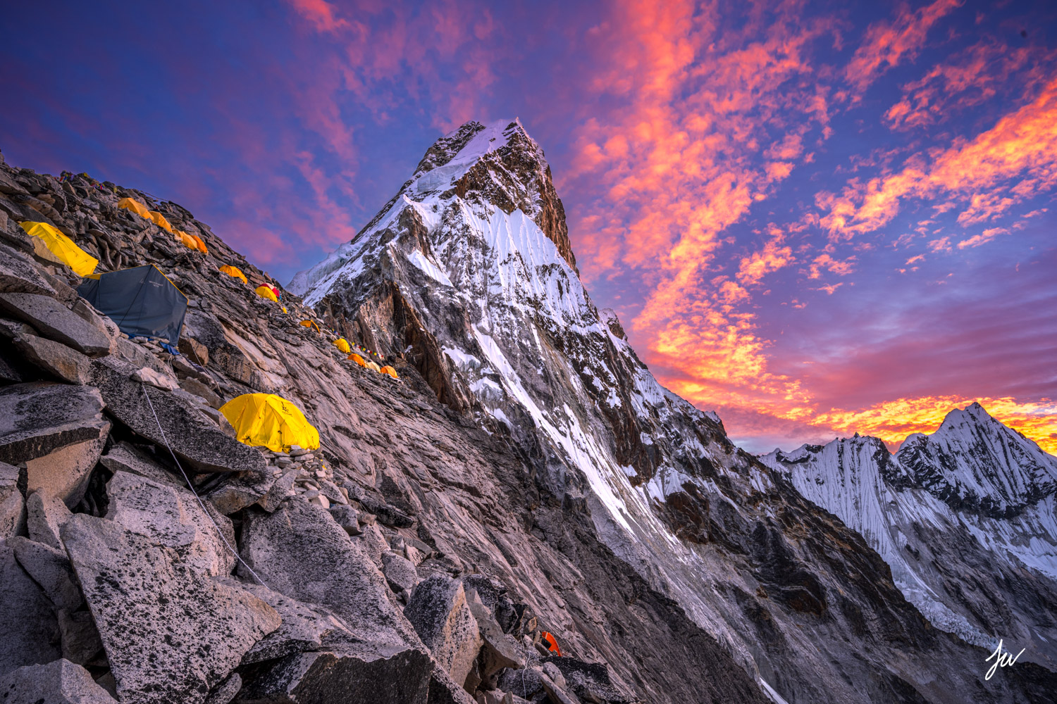 Sunset at camp one on Ama Dablam in Nepal.