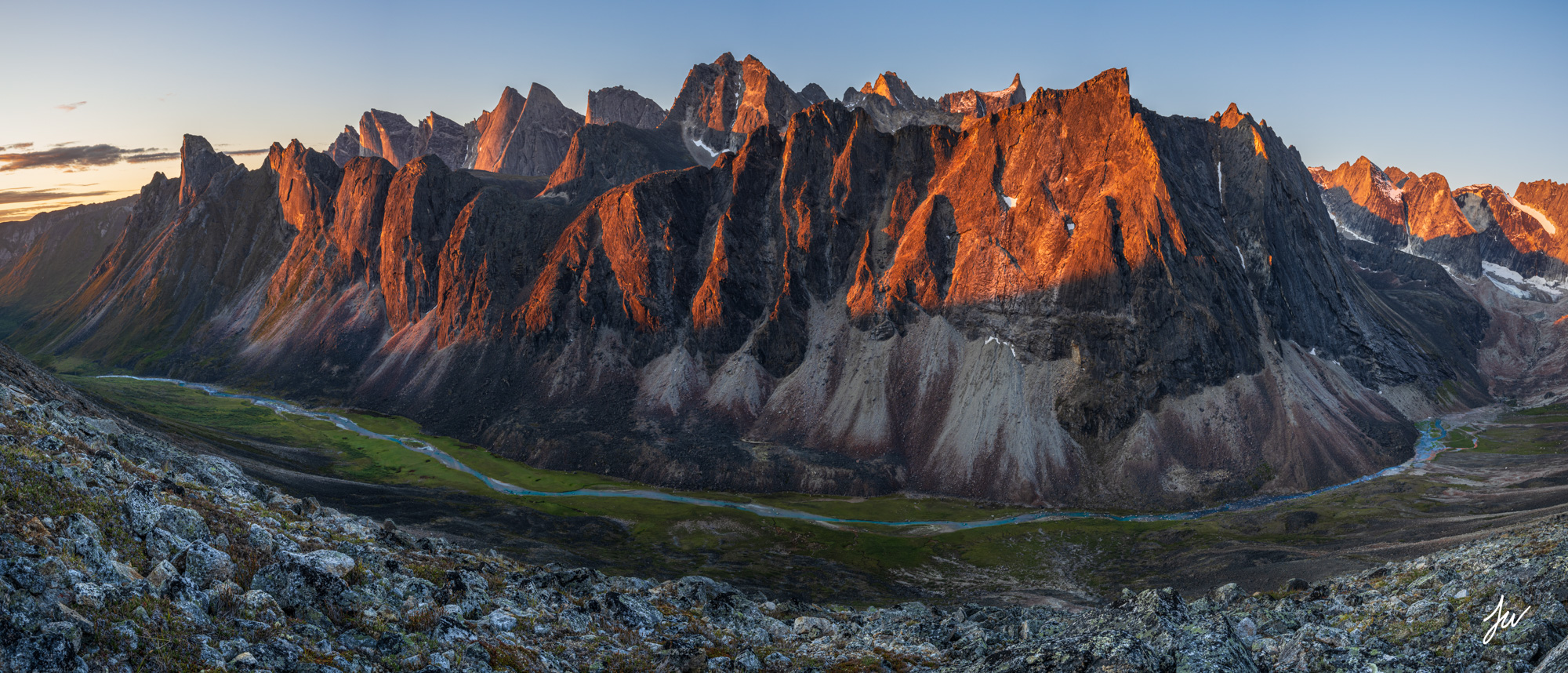 Sunrise panorama of the Arrigetch Peaks in Gates of the Arctic National Park, Alaska.