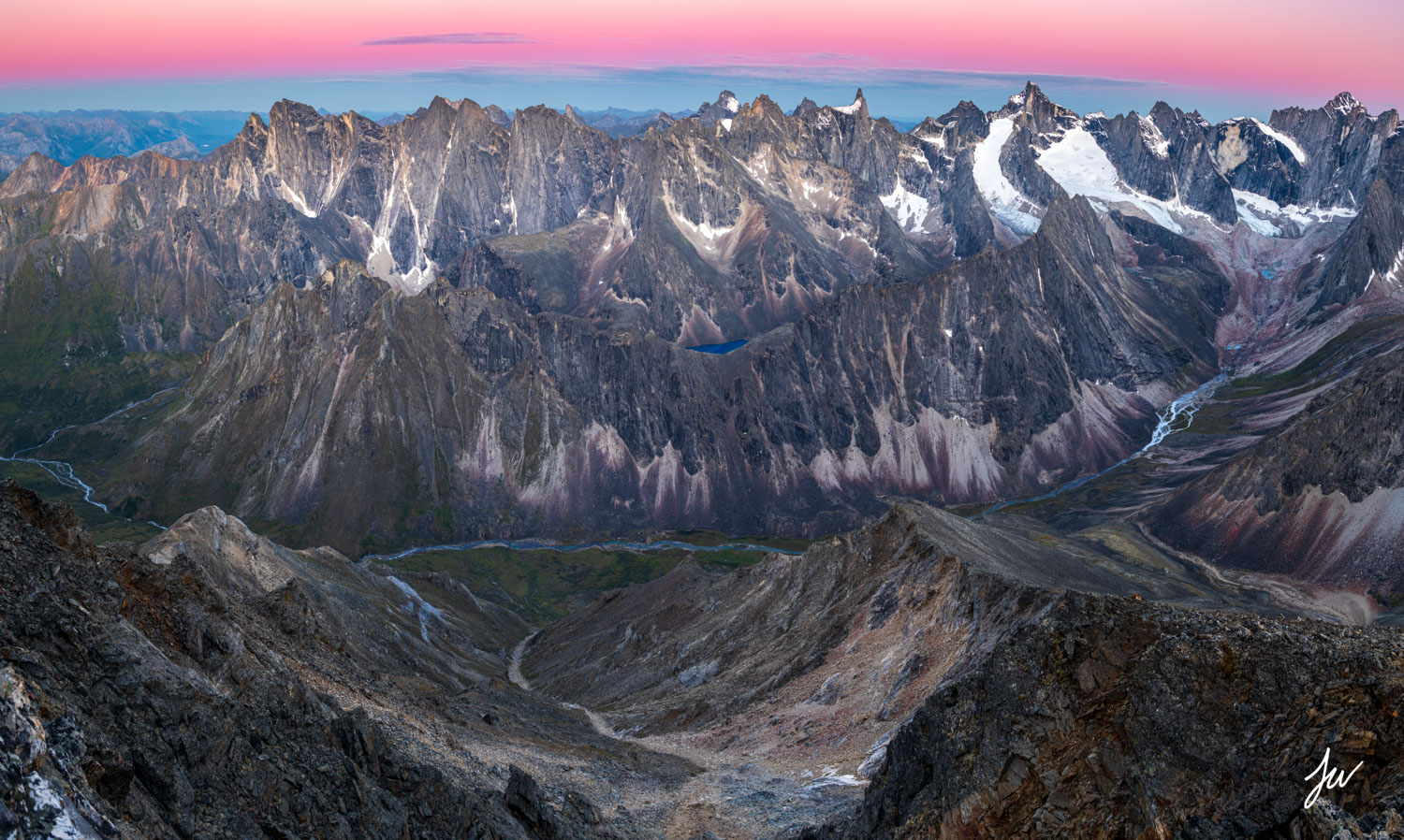 Sunset over the Arrigetch Peaks in Gates of the Arctic National Park in Alaska.