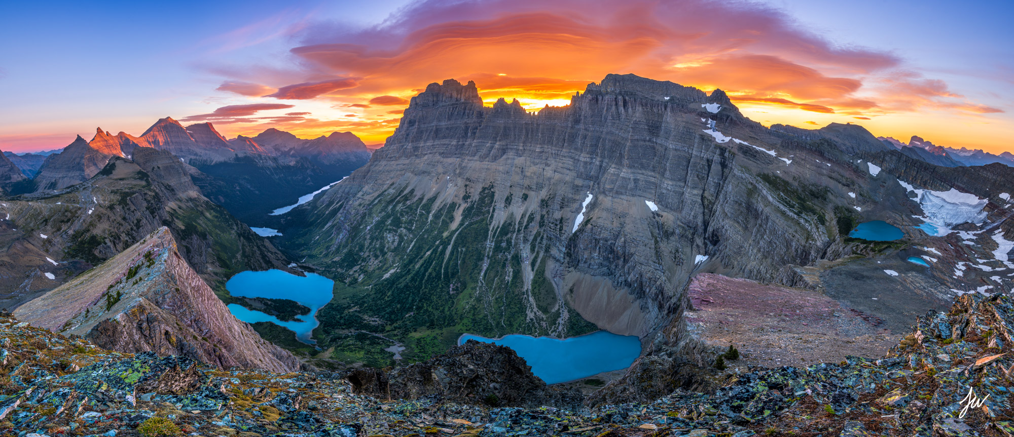 Sunrise over alpine lakes in Glacier National Park.
