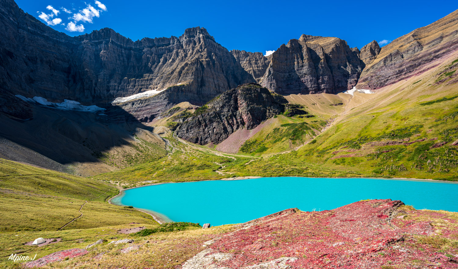 Camping at Cracker Lake in Glacier National Park, Montana.