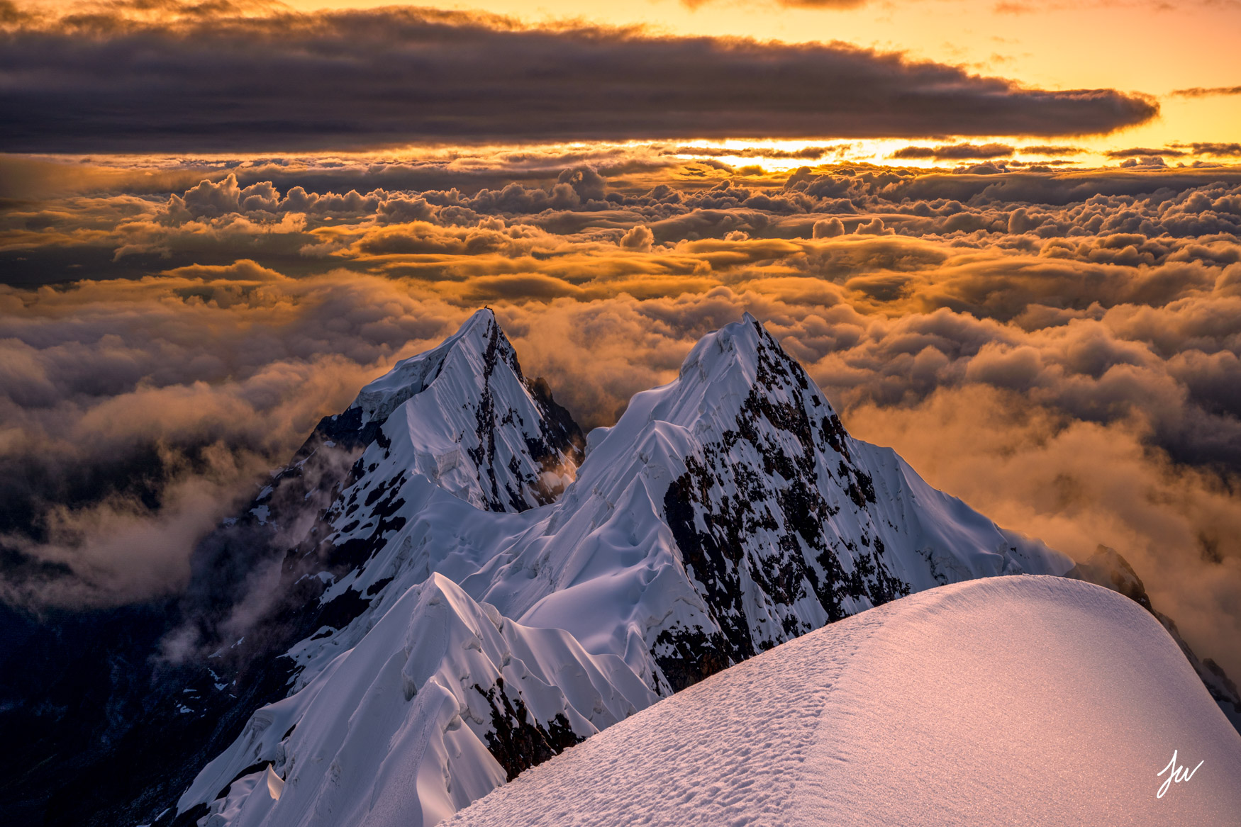 Sunrise cloud inversion in the Peruvian Andes.