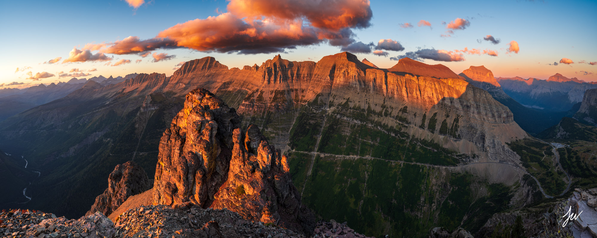 Sunset on the Garden Wall from Logan Pass area in Glacier National Park, Montana. 