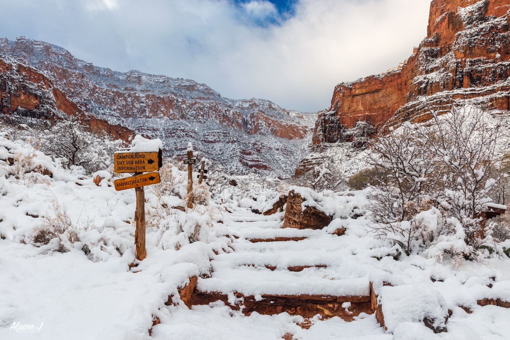 Snow covered trail in the Grand Canyon. 