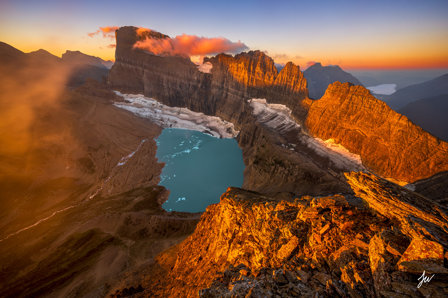 Sunrise over Grinnell Glacier in Glacier National Park.