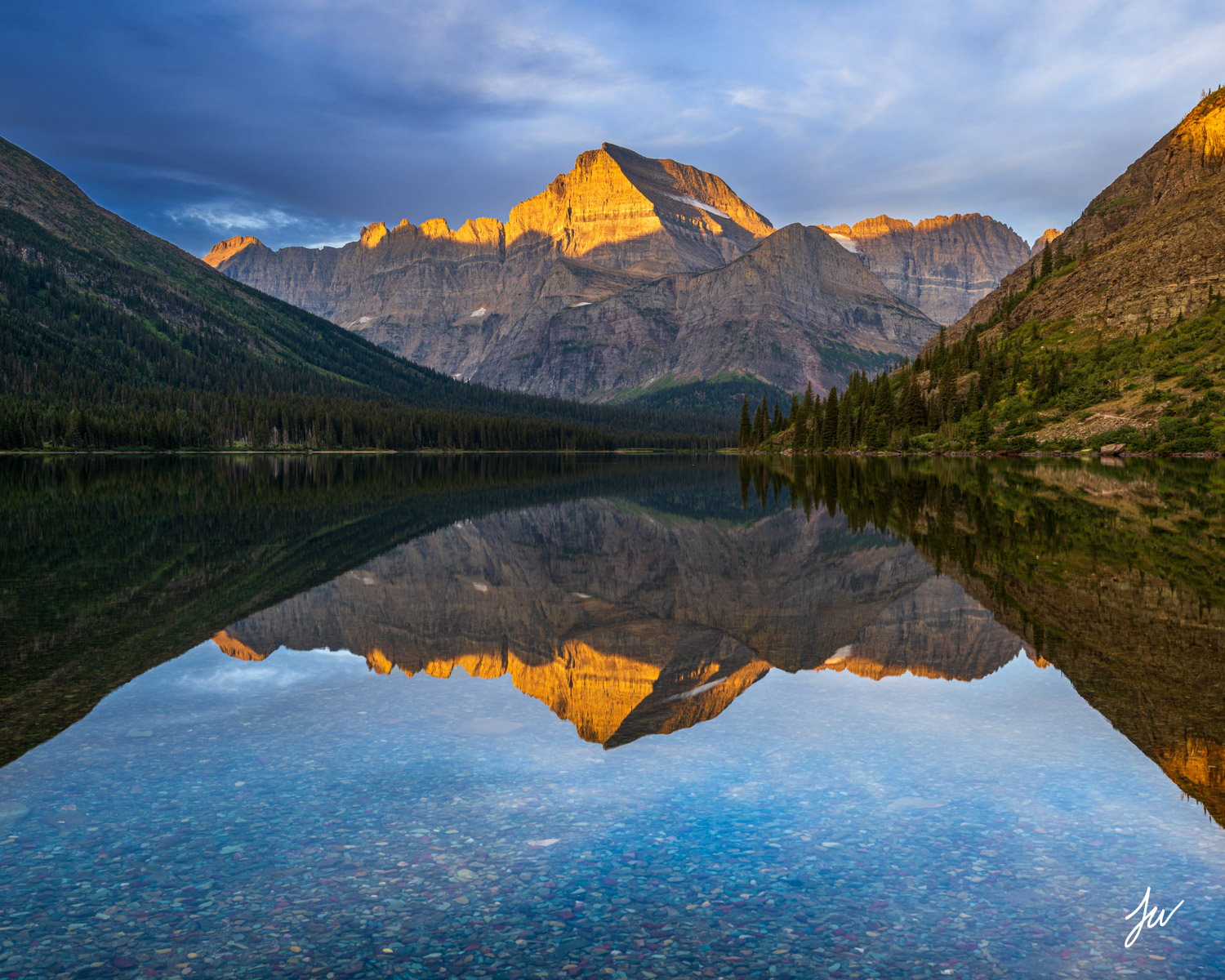 Lake Josephine Sunrise in Many Glacier area in Glacier Park, Montana.