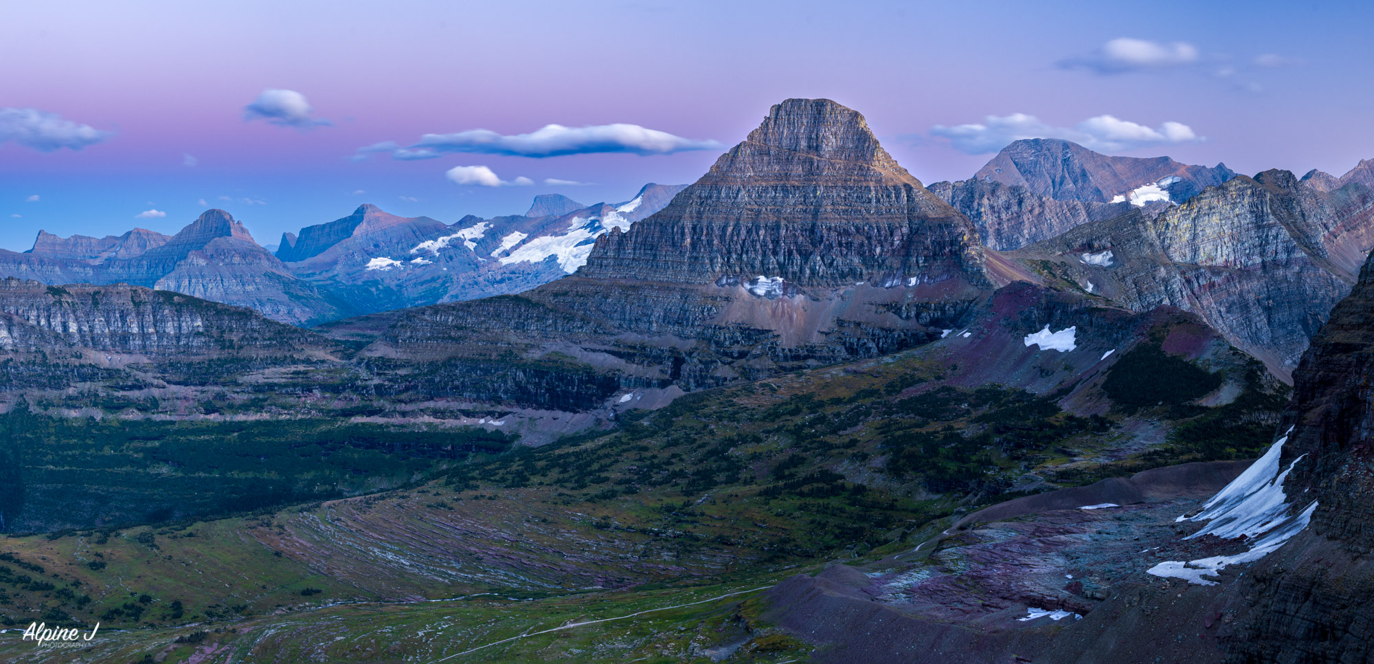 Dusk over Logan Pass area in Glacier National Park, Montana.