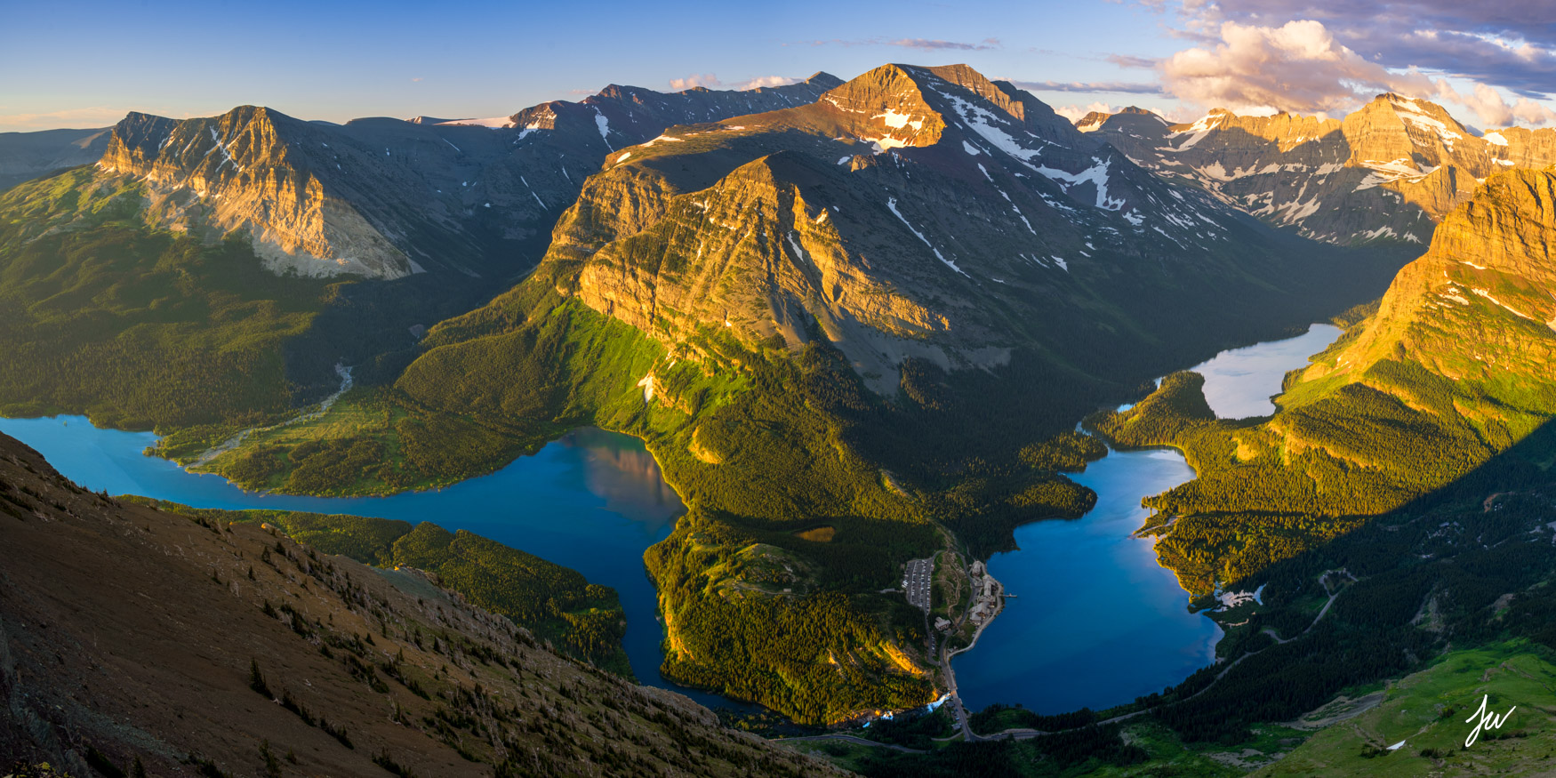 Panorama over Many Glacier in Glacier National Park, Montana.