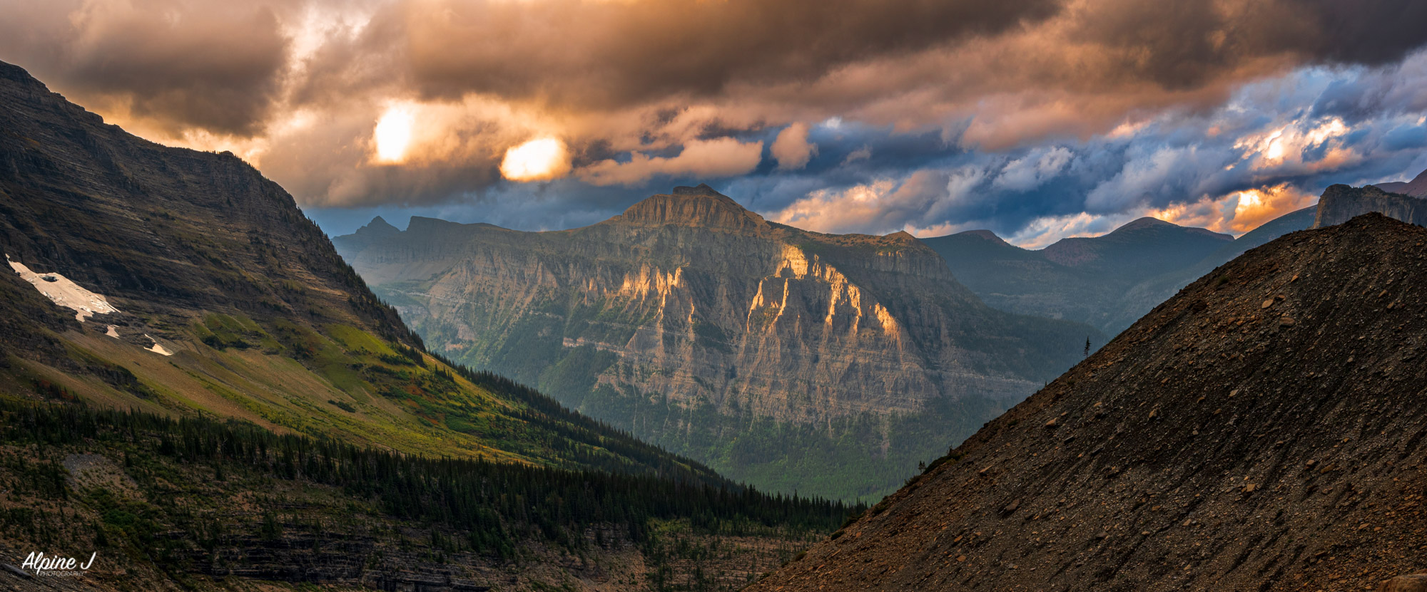 Mountain valley sunset in Glacier National Park, Montana.