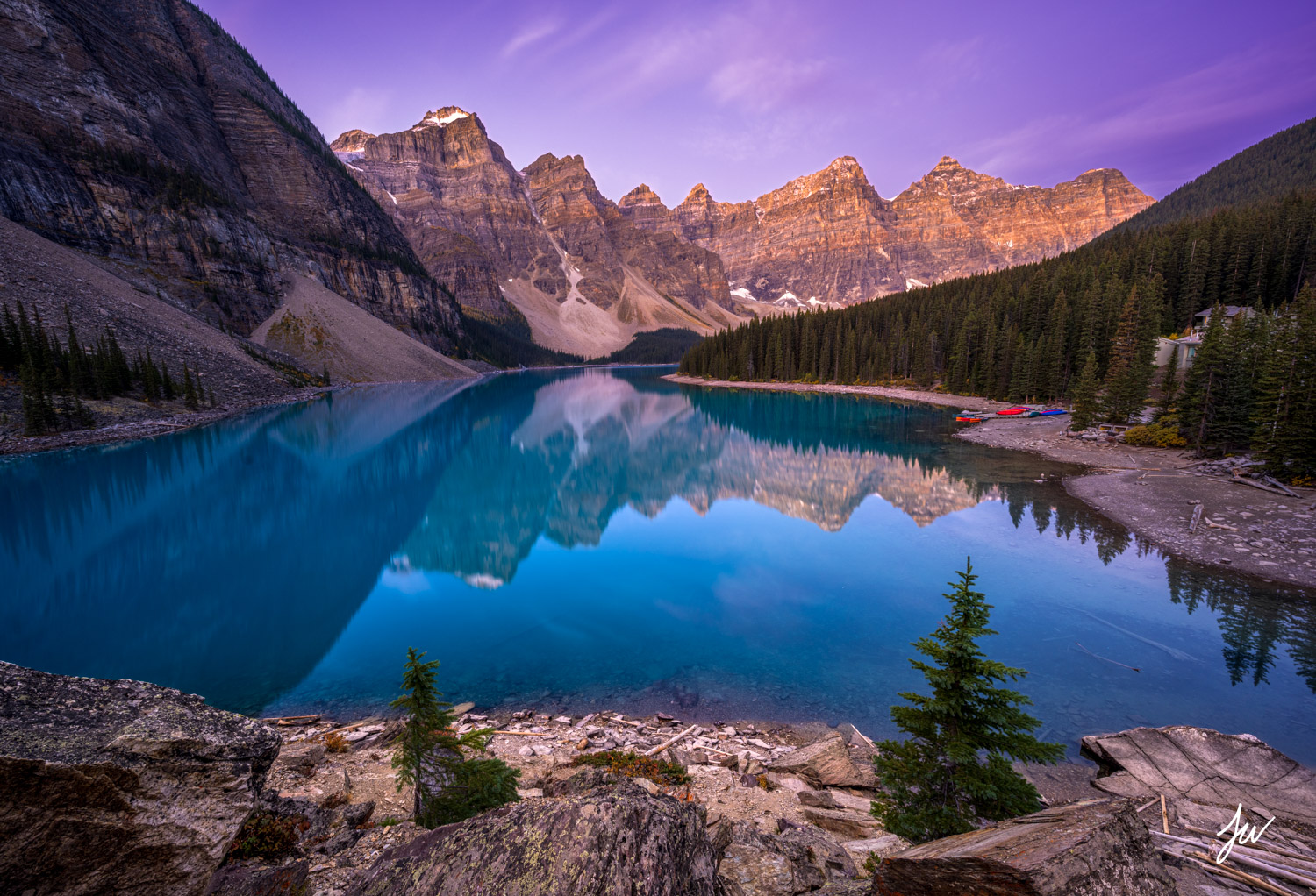 Dawn at Moraine Lake in Canada.