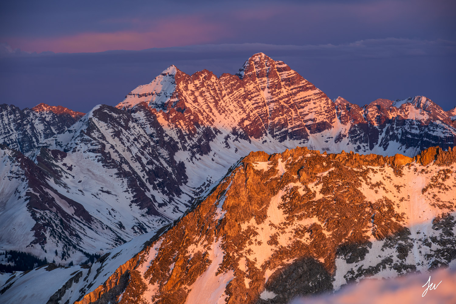 The Bells From Up High Maroon Bells sunset near Aspen, Colorado.