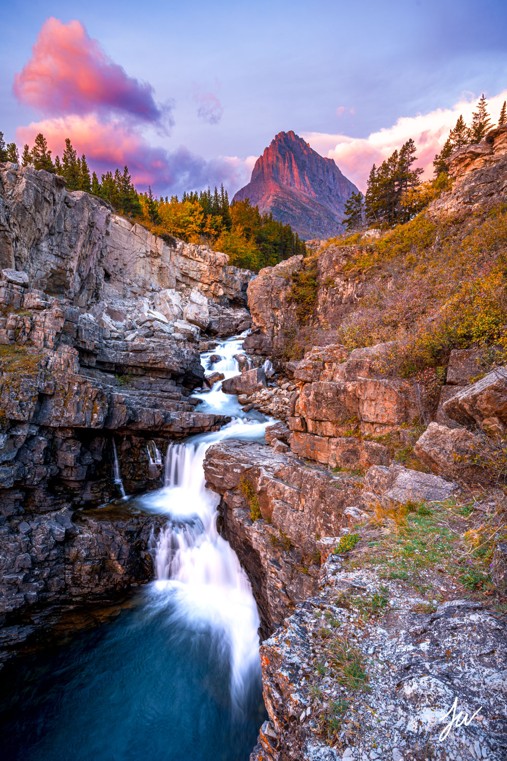 Swiftcurrent Falls sunrise in Glacier National Park, Montana.