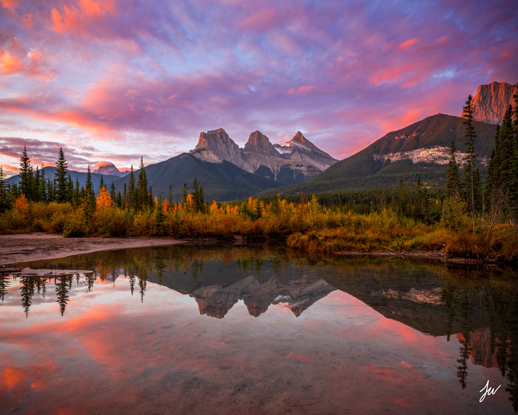 Three Sisters Reflection near Banff. 
