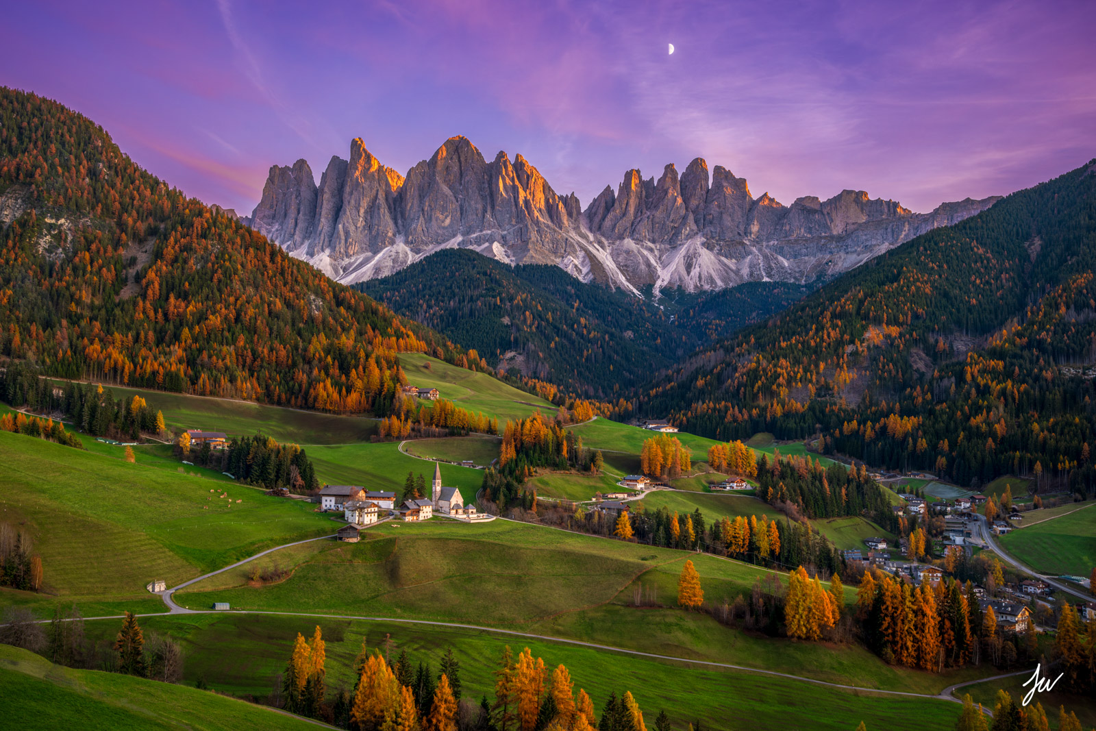 Sunset at Val di Funes in the Italian Dolomites.