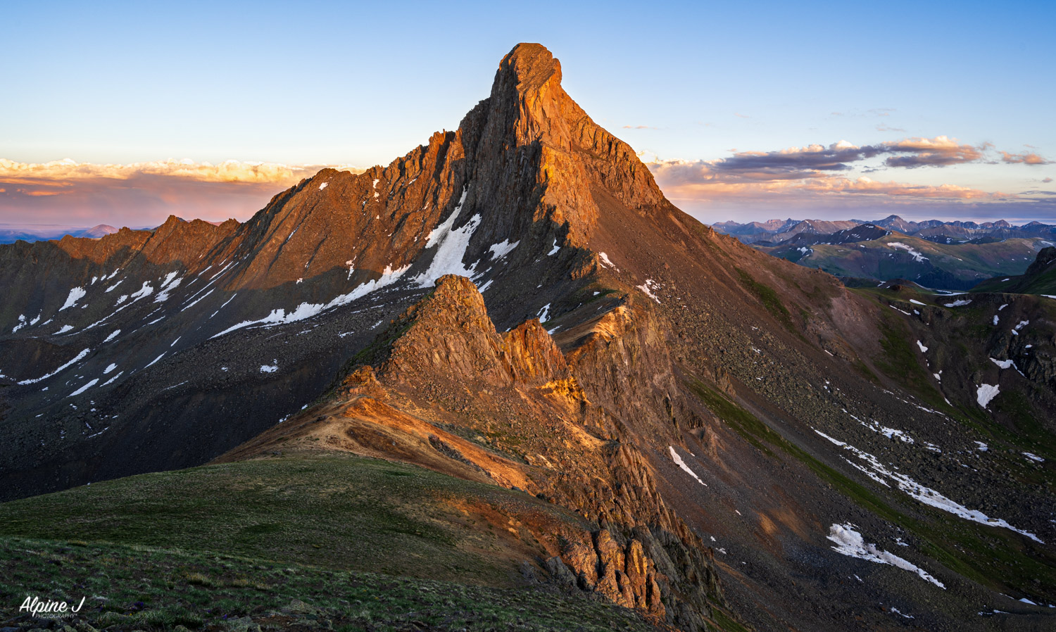 Sunset on Wetterhorn Peak in Colorado.